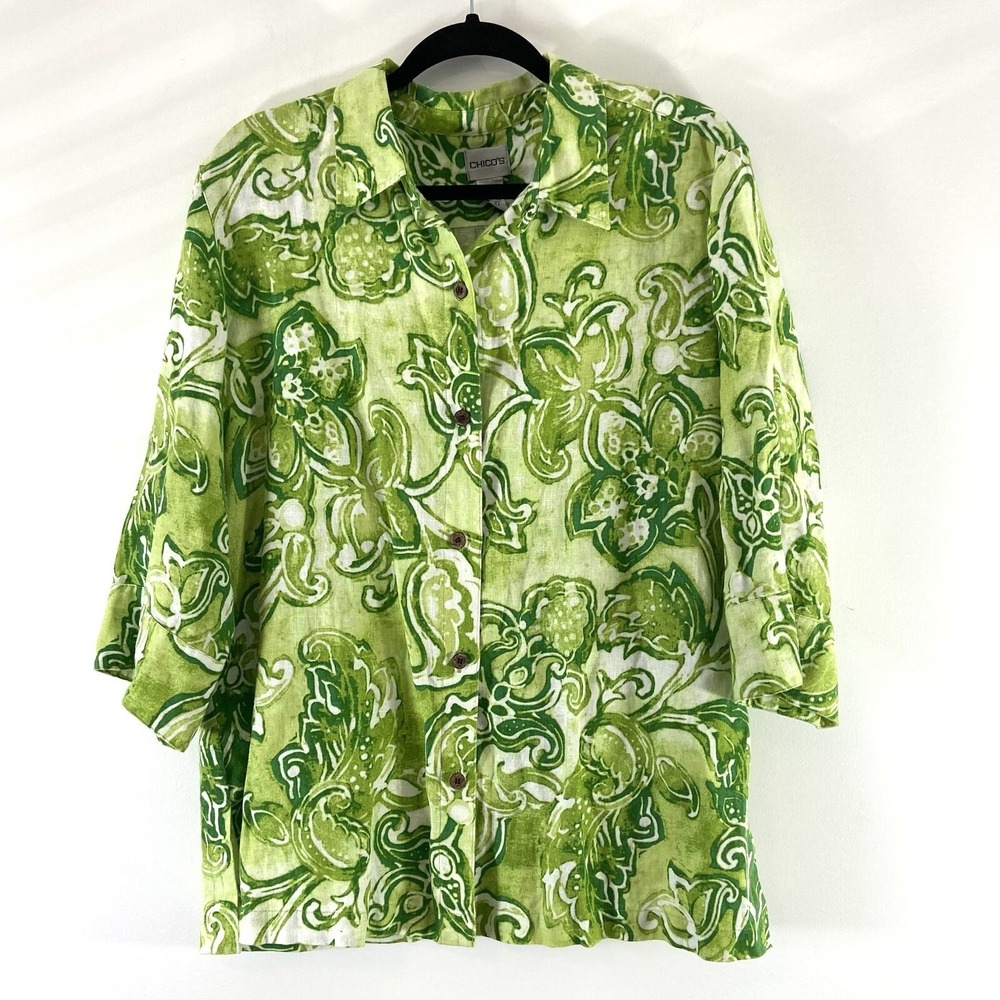 Chico's Top Women's 3 US 16 Green Button Up 3/4 Sleeve 100% Linen Floral